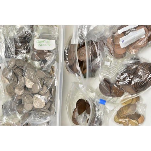 108 - TWO HEAVY PLASTIC BOXES OF COINS, to include a box of mainly 20th century Uk mixed coinage such as t... 