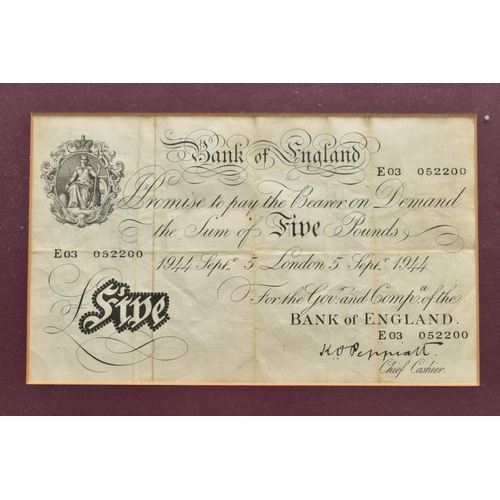 110 - A FRAMED DISPLAY OF SEVERN UK BANKNOTES, with Bank of England Sept 1944 London white Five Pound Pepp... 