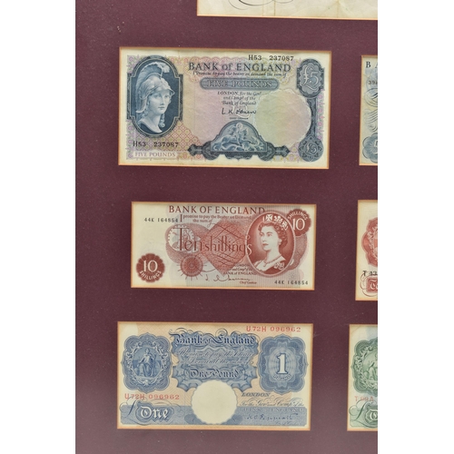 110 - A FRAMED DISPLAY OF SEVERN UK BANKNOTES, with Bank of England Sept 1944 London white Five Pound Pepp... 