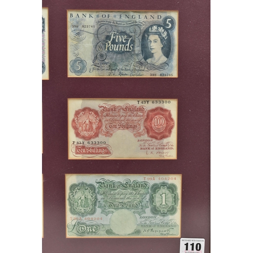 110 - A FRAMED DISPLAY OF SEVERN UK BANKNOTES, with Bank of England Sept 1944 London white Five Pound Pepp... 