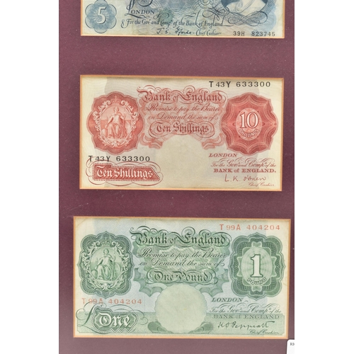 110 - A FRAMED DISPLAY OF SEVERN UK BANKNOTES, with Bank of England Sept 1944 London white Five Pound Pepp... 