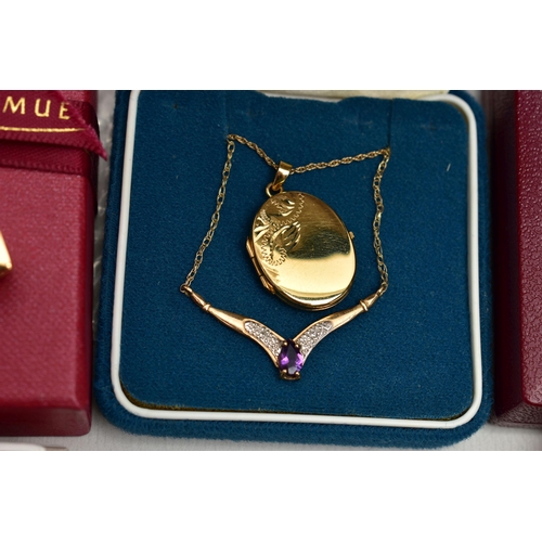 111 - AN ASSORTMENT OF 9CT GOLD YELLOW METAL AND SILVER, to include a yellow gold oval locket, hallmarked ... 