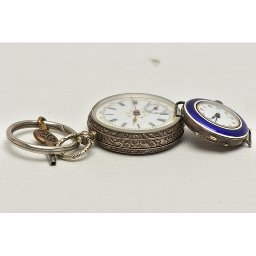 15 - A LADYS POCKET WATCH AND AN ENAMEL WATCH, the key wound, open face pocket watch, Roman numerals, sub... 