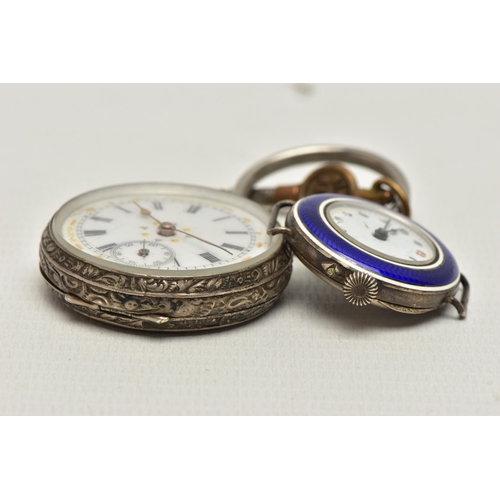 15 - A LADYS POCKET WATCH AND AN ENAMEL WATCH, the key wound, open face pocket watch, Roman numerals, sub... 