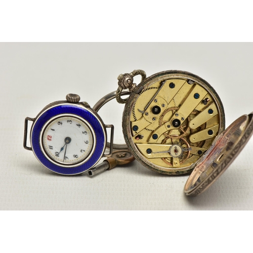 15 - A LADYS POCKET WATCH AND AN ENAMEL WATCH, the key wound, open face pocket watch, Roman numerals, sub... 