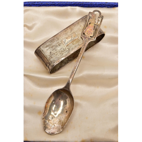 151 - AN INCOMPLETE SET OF GEORGE V APOSTLE TOP TEASPOONS, ANOTHER SILVER TEASPOON AND A SILVER NAPKIN RIN... 