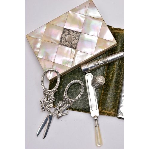 153 - A BAG OF LATE VICTORIAN AND EARLY 20TH CENTURY SILVER SEWING ACCESSORIES AND OTHER ITEMS, comprising... 