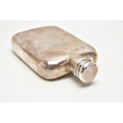 157 - A VICTORIAN SILVER HIP FLASK BY SAMPSON MORDAN & CO, of rectangular form with rounded corners, bayon... 