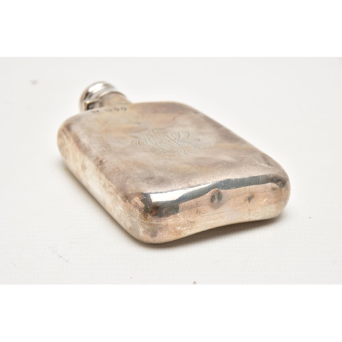 157 - A VICTORIAN SILVER HIP FLASK BY SAMPSON MORDAN & CO, of rectangular form with rounded corners, bayon... 