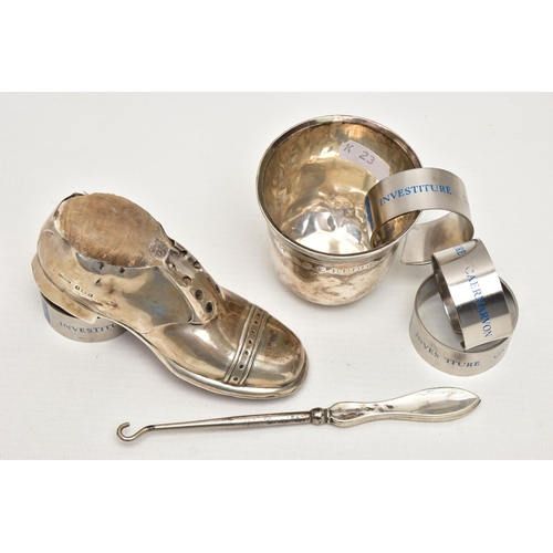 158 - A SMALL PARCEL OF SILVER, WHITE METAL AND STAINLESS STEEL, comprising a George V gent's shoe pin cus... 