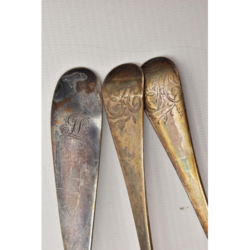 159 - A GEORGE III SILVER BASTING SPOON AND A PAIR OF GEORGE III OLD ENGLISH PATTERN TABLESPOONS, all thre... 