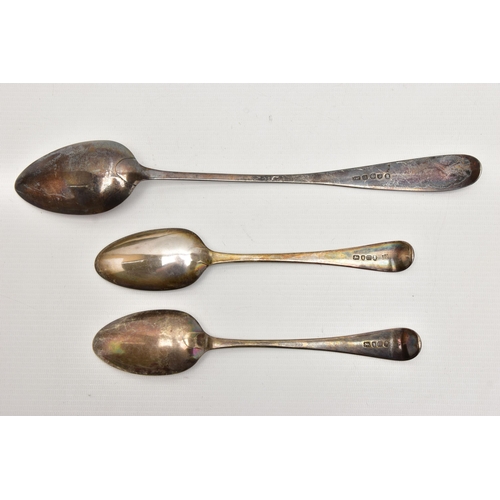 159 - A GEORGE III SILVER BASTING SPOON AND A PAIR OF GEORGE III OLD ENGLISH PATTERN TABLESPOONS, all thre... 