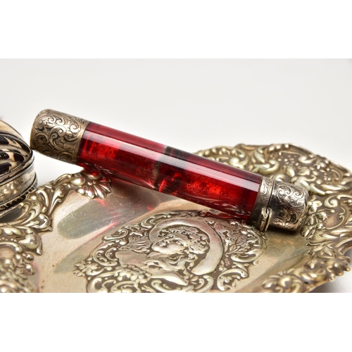 162 - AN EDWARDIAN SILVER PIN TRAY, A LATE 19TH CENTURY DOUBLE ENDED RUBY GLASS SCENT FLASK AND A LATE 18T... 