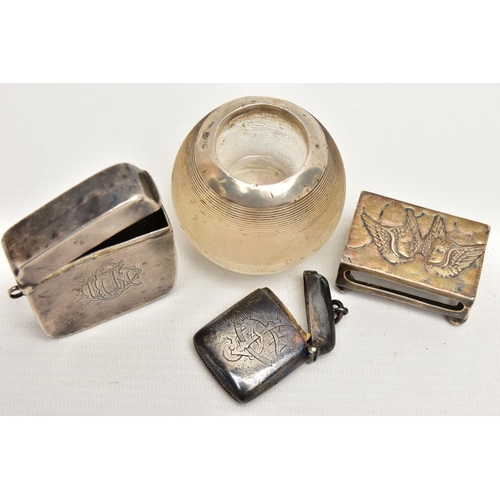 163 - FOUR ITEMS OF SILVER / SILVER MOUNTED SMOKING RELATED ITEMS, comprising an Edwardian matchbox sleeve... 