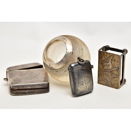 163 - FOUR ITEMS OF SILVER / SILVER MOUNTED SMOKING RELATED ITEMS, comprising an Edwardian matchbox sleeve... 