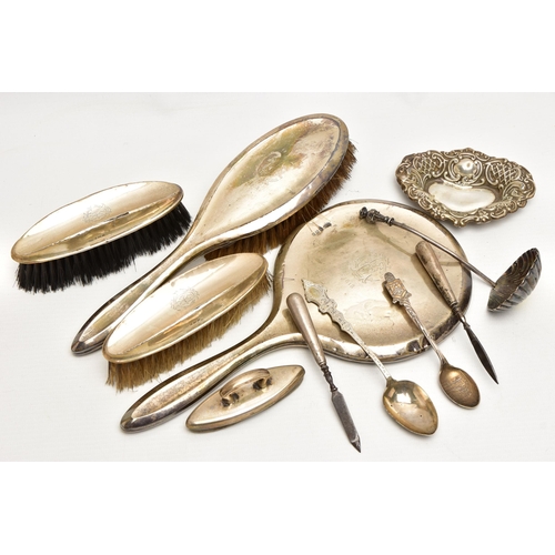 164 - A SMALL PARCEL OF SILVER AND PLATE, including a silver backed dressing table set in poor condition, ... 