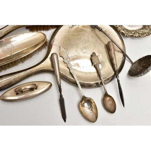 164 - A SMALL PARCEL OF SILVER AND PLATE, including a silver backed dressing table set in poor condition, ... 