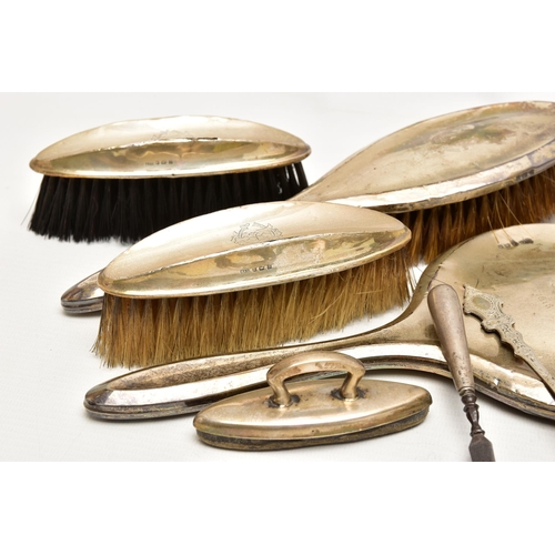 164 - A SMALL PARCEL OF SILVER AND PLATE, including a silver backed dressing table set in poor condition, ... 