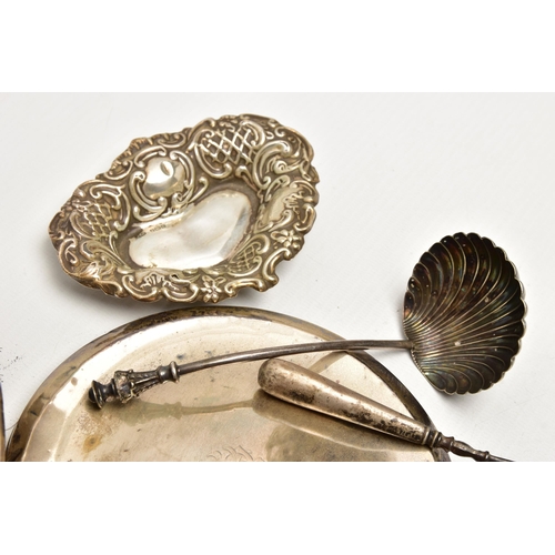 164 - A SMALL PARCEL OF SILVER AND PLATE, including a silver backed dressing table set in poor condition, ... 