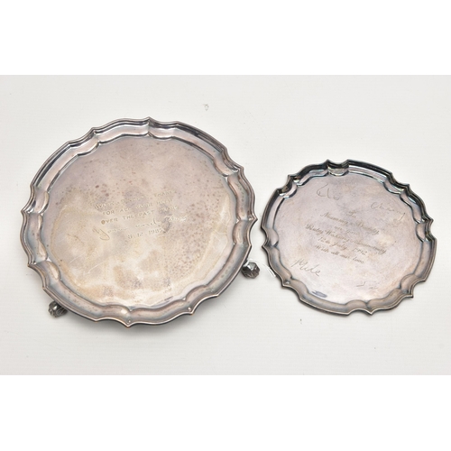 165 - AN ELIZABETH II SILVER SALVER AND AN ELIZABETH II SILVER WAITER, both pieces with pie crust edge and... 