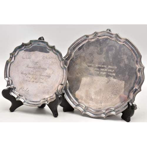 165 - AN ELIZABETH II SILVER SALVER AND AN ELIZABETH II SILVER WAITER, both pieces with pie crust edge and... 