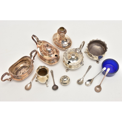 170 - A SMALL PARCEL OF 20TH CENTURY SILVER CONDIMENT ITEMS, including a matching salt and mustard on cabr... 