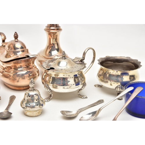 170 - A SMALL PARCEL OF 20TH CENTURY SILVER CONDIMENT ITEMS, including a matching salt and mustard on cabr... 