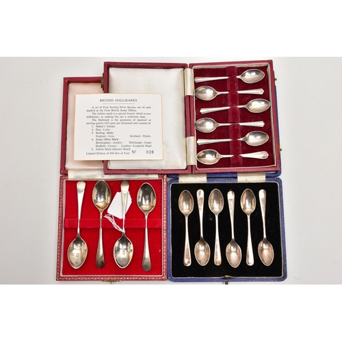 172 - TWO CASED SETS OF SIX SILVER COFFEE SPOONS AND A CASED SET OF FOUR ELIZABETH II 'BRITISH HALLMARK' L... 