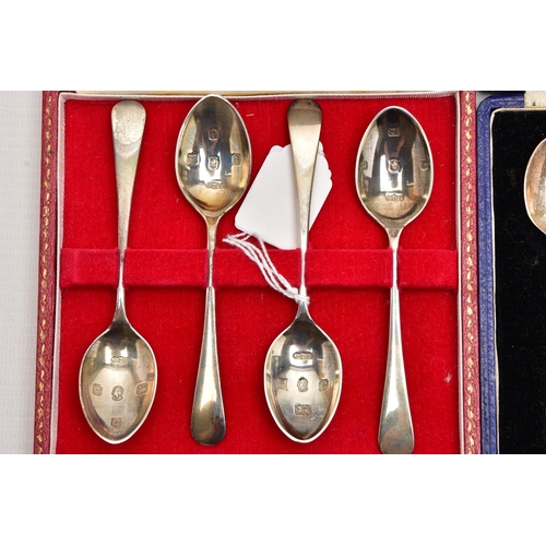 172 - TWO CASED SETS OF SIX SILVER COFFEE SPOONS AND A CASED SET OF FOUR ELIZABETH II 'BRITISH HALLMARK' L... 