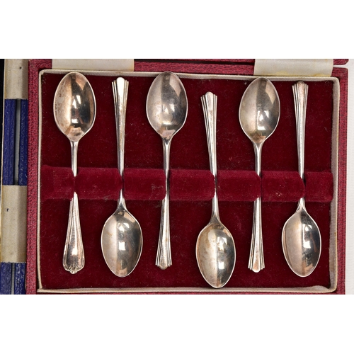 172 - TWO CASED SETS OF SIX SILVER COFFEE SPOONS AND A CASED SET OF FOUR ELIZABETH II 'BRITISH HALLMARK' L... 