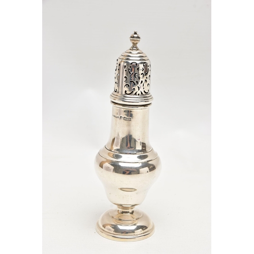 177 - AN EARLY 20TH CENTURY SILVER SUGAR CASTER, polished form on a round base, openwork cover, hallmarked... 