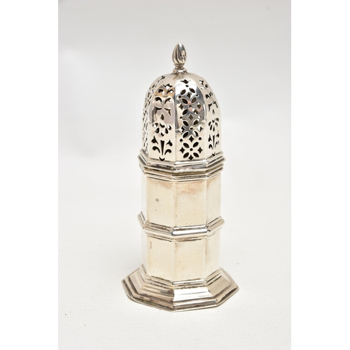 178 - AN EARLY 20TH CENTURY SILVER SUGAR CASTER, polished hexagonal form, openwork cover, on a stepped hex... 