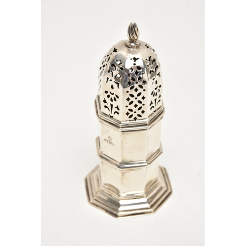 178 - AN EARLY 20TH CENTURY SILVER SUGAR CASTER, polished hexagonal form, openwork cover, on a stepped hex... 