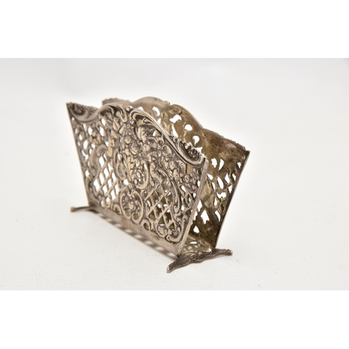 179 - A WHITE METAL LETTER HOLDER, openwork lattice design with floral, foliage and cherub detail, stamped... 