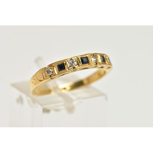 18 - AN 18CT GOLD SAPPHIRE AND DIAMOND HALF ETERNITY RING, set with three square cut blue sapphires inter... 