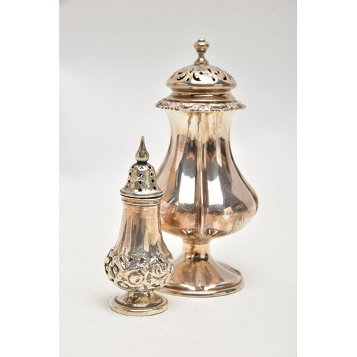 180 - A SILVER CASTER AND A PEPPERETTE, a mid-Victorian sugar caster of a baluster form, floral rim detail... 