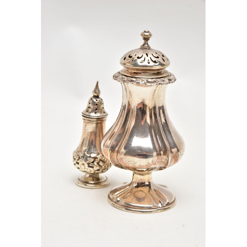 180 - A SILVER CASTER AND A PEPPERETTE, a mid-Victorian sugar caster of a baluster form, floral rim detail... 