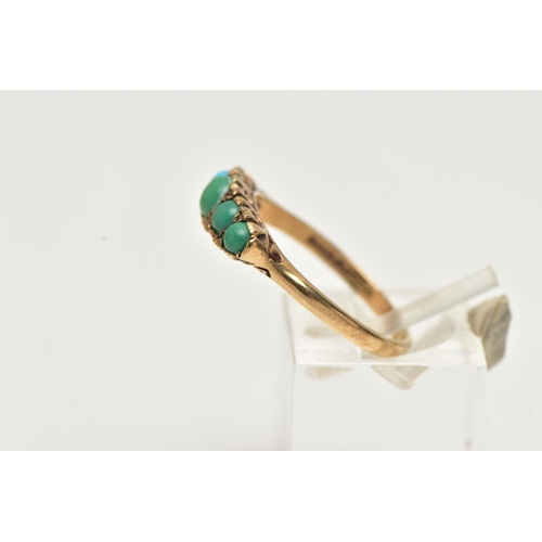 22 - A 9CT GOLD FIVE STONE RING, designed with a row of five graduated turquoise cabochons, scrolling gal... 