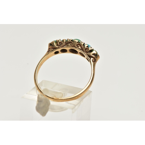 22 - A 9CT GOLD FIVE STONE RING, designed with a row of five graduated turquoise cabochons, scrolling gal... 