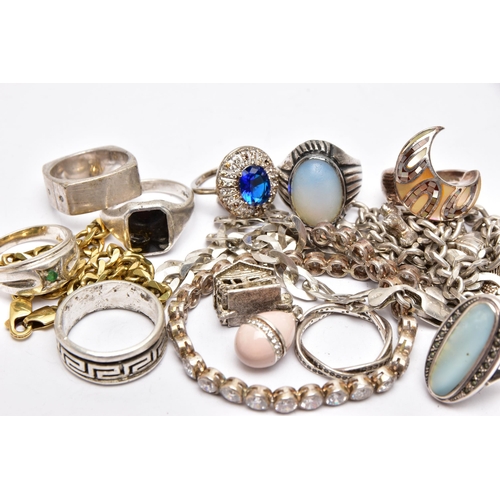 29 - A BAG OF ASSORTED JEWELLERY, to include nine white metal rings of various designs, four have full si... 