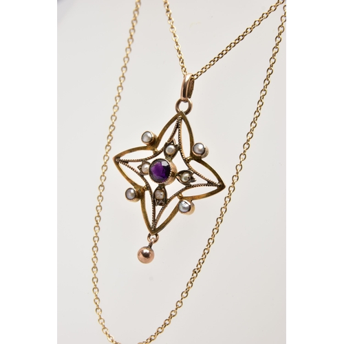 3 - AN EDWARDIAN LAVALIER PENDANT AND CHAIN, openwork star outline, set to the centre is a circular cut ... 