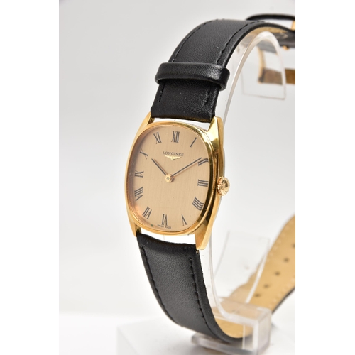 31 - A GENTS BOXED 'LONGINES' WRISTWATCH, manual wind, rounded square gold dial, signed 'Longines', Roman... 