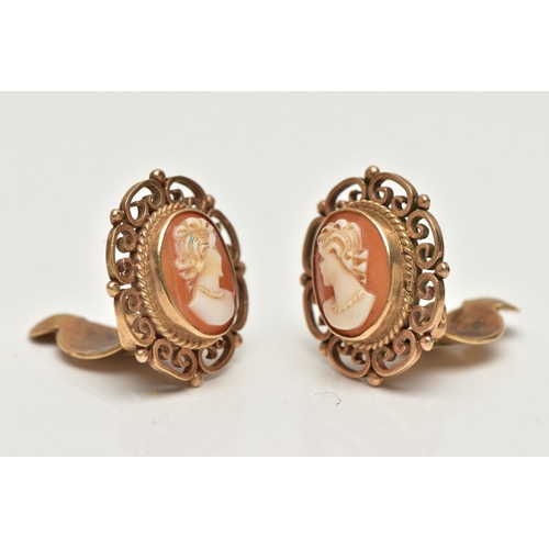 44 - A PAIR OF YELLOW METAL CAMEO EARRINGS, each earring set with a carved shell cameo, depicting a lady ... 