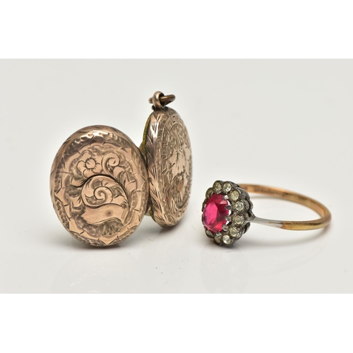 46 - A LOCKET AND A RING, the gold front and back, oval hinged locket with floral pattern and vacant cart... 