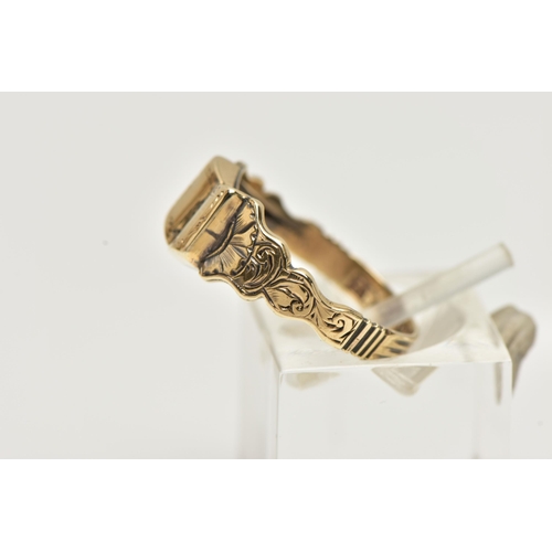 5 - A 9CT GOLD SIGNET RING, in the form of an openwork book with vacant cartouche, floral shoulders and ... 