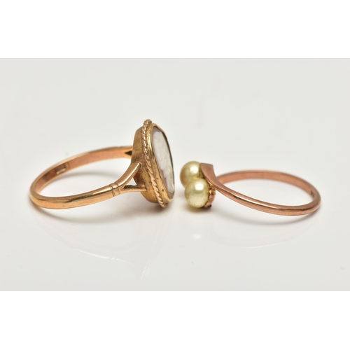 56 - TWO GEM SET RINGS, the first a yellow metal ring set with two imitation pearls in a bypass mount, st... 