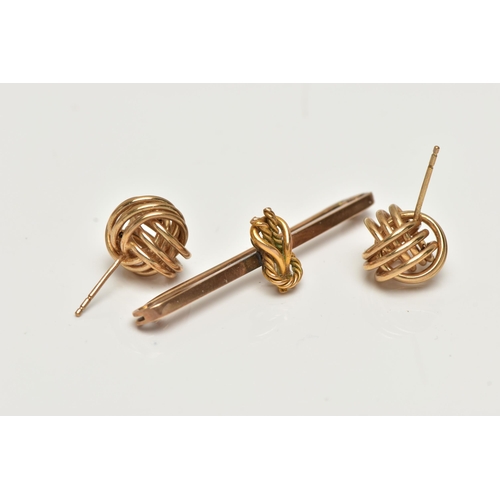 59 - A 9CT GOLD BAR BROOCH AND EARRINGS, the first a yellow gold bar brooch, detailed with a centrally po... 