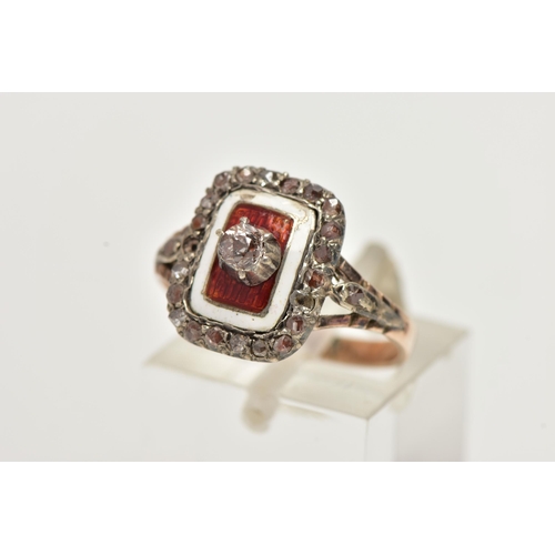 61 - A LATE 19TH CENTURY DIAMOND AND ENAMEL RING, a central rose cut diamond prong set in a raised settin... 