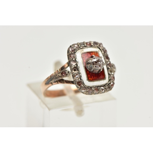 61 - A LATE 19TH CENTURY DIAMOND AND ENAMEL RING, a central rose cut diamond prong set in a raised settin... 