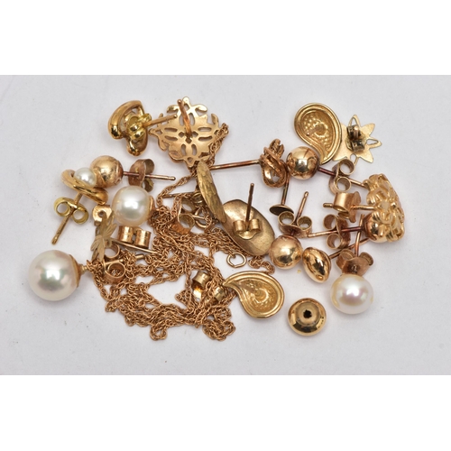 62 - AN ASSORTMENT OF 9CT GOLD AND YELLOW METAL JEWELLERY, to include a pair of 9ct gold earrings, hallma... 